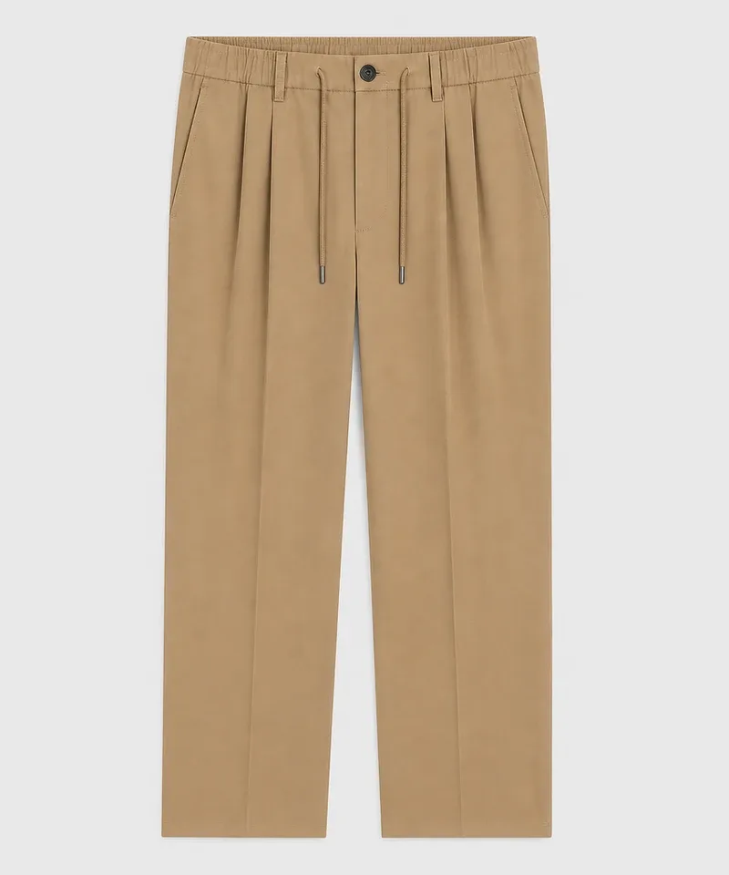 Pantalón camel con pinzas, raya y cordón ajustable — Pantalones