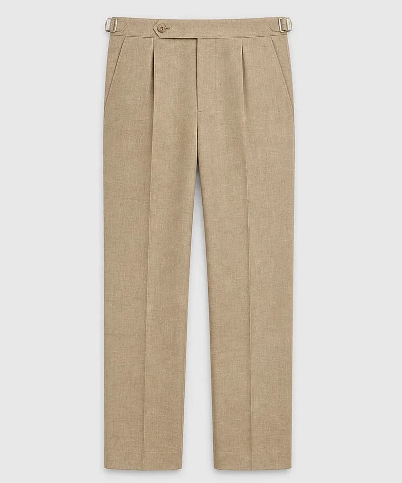 Pantalón de lino khaki con pinzas, raya y ajustadores — Pantalones