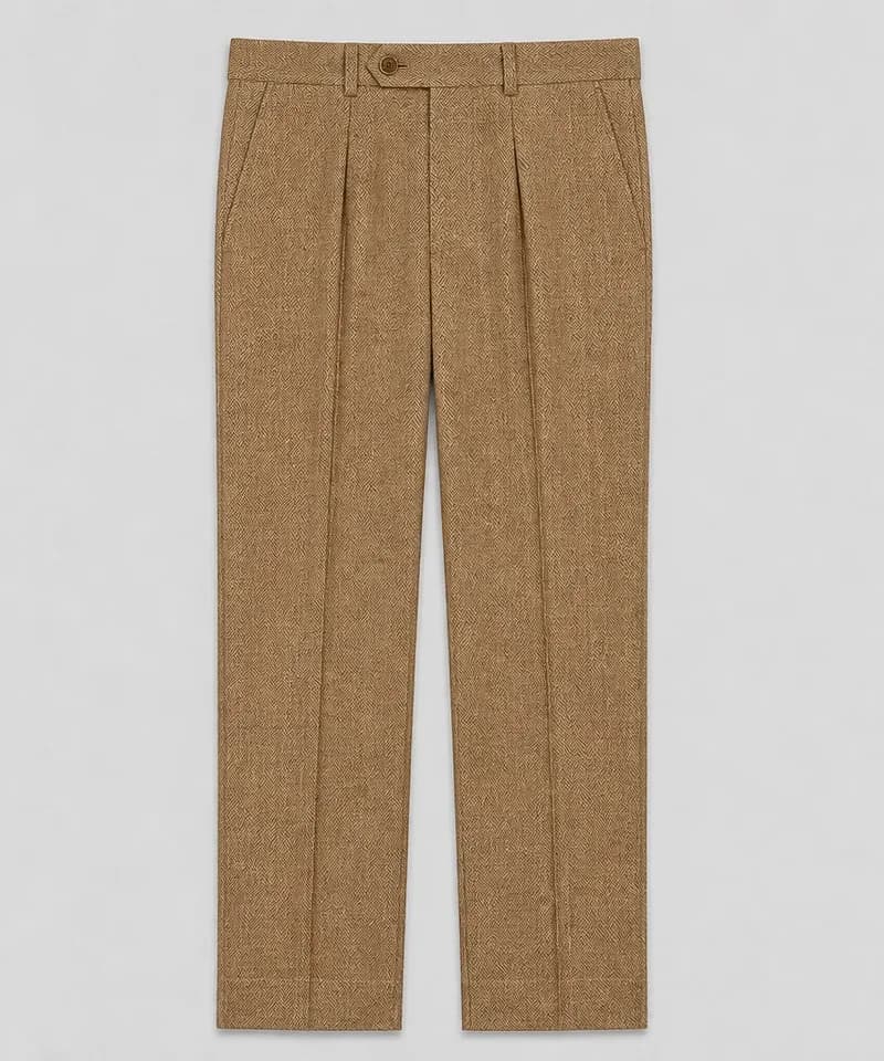 Pantalón de vestir camel herringbone con pinzas y raya — Pantalones