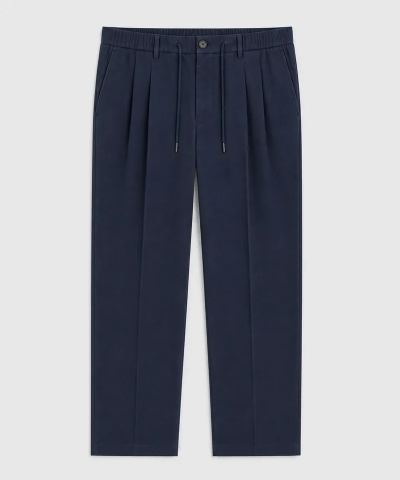 Pantalón azul marino con pinzas, raya y cordón ajustable — Pantalones